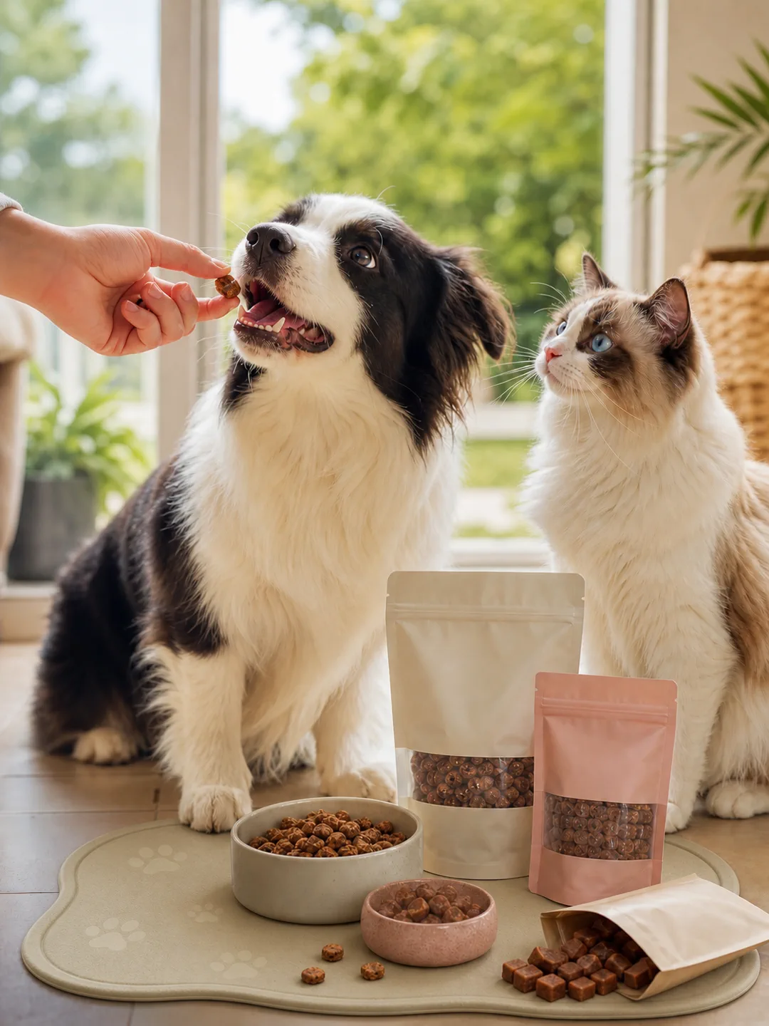 Dog receiving a functional soft chew while a curious cat watches beside unbranded pet nutrition packaging