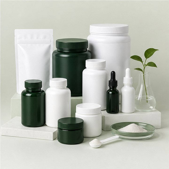 Coordinated private-label supplement bottles, jars, pouches and liquid formats