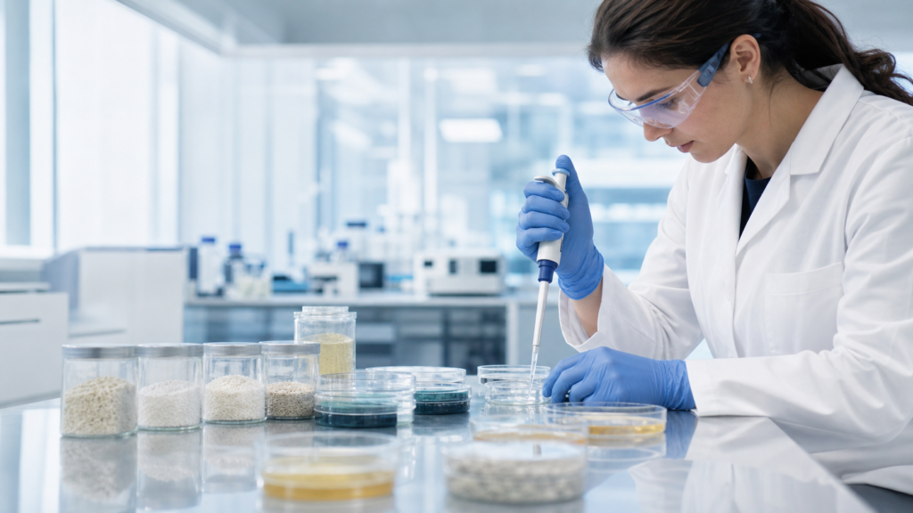 Boknutra scientist evaluating supplement formulations in the laboratory